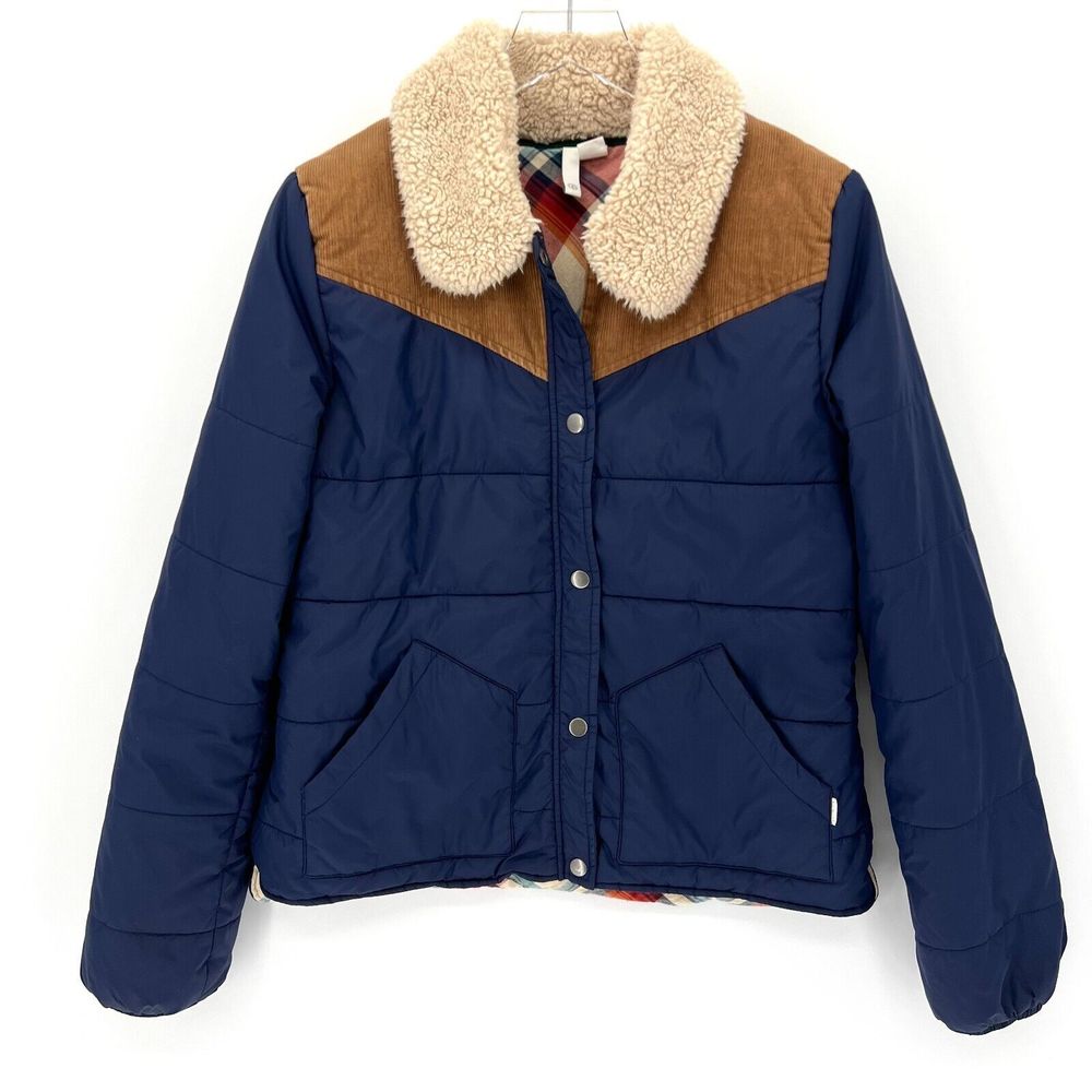 Element Navy Blue Puffer Jacket with Brown Yoke & Cream Sherpa Collar